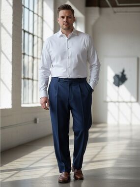 Vintage Navy Pinstripe Pleated Trousers Worsted Wool Blend 38L Dark Academia